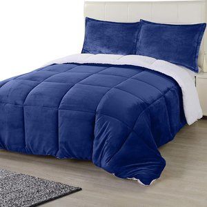 New Navy 3 Piece King Reversible Super Soft Heavy Sherpa-Flannel Comforter Set